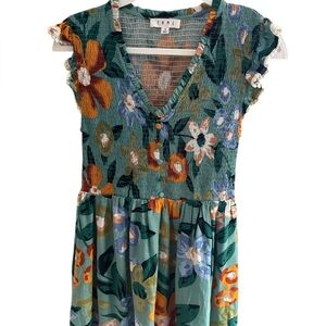 THML Baby Doll Colorful Smocked Floral Short Dress‎ Size Small